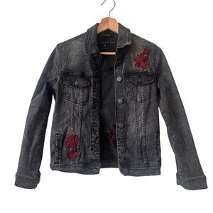 Aeropostale Black Denim Jacket XS With Red Floral Embroidery Button-Down